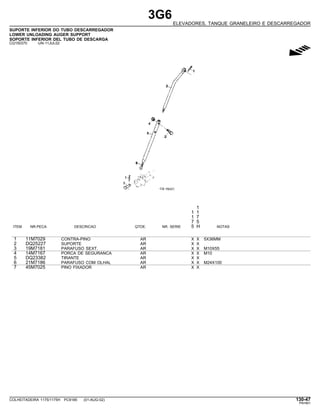 3G6
ELEVADORES, TANQUE GRANELEIRO E DESCARREGADOR
SUPORTE INFERIOR DO TUBO DESCARREGADOR
LOWER UNLOADING AUGER SUPPORT
SOPORTE INFERIOR DEL TUBO DE DESCARGA
CQ150370 -UN-11JUL02
g
1
1 1
1 7
7 5
ITEM NR.PECA DESCRICAO QTDE. NR. SERIE 5 H NOTAS
1 11M7029 CONTRA-PINO AR X X 5X36MM
2 DQ25227 SUPORTE AR X X
3 19M7181 PARAFUSO SEXT. AR X X M10X55
4 14M7167 PORCA DE SEGURANCA AR X X M10
5 DQ23382 TIRANTE AR X X
6 21M7186 PARAFUSO COM OLHAL AR X X M24X100
7 45M7025 PINO FIXADOR AR X X
COLHEITADEIRA 1175/1175H PC9185 (01-AUG-02) 130-47
PN=661
 
