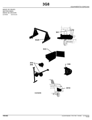 3G8
EQUIPAMENTOS ESPECIAIS
INDICE DE GRUPO
SECTION INDEX
INDICE DE SECCION
CQ154206 -UN-27JUL02
140-A02 COLHEITADEIRA 1175/1175H PC9185 (01-AUG-02)
PN=664
 