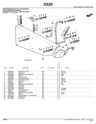 3G20
EQUIPAMENTOS ESPECIAIS
ESPALHADOR DE PALHA - BLINDAGENS
STRAW SPREADER GUARDS
ESPARCIDOR DE PAJA P PROTECCIONES
CQ150379 -UN-11JUL02
g
1
1 1
1 7
7 5
ITEM NR.PECA DESCRICAO QTDE. NR. SERIE 5 H NOTAS
1 19M7163 PARAFUSO SEXT. AR X X M8X25
2 24M7026 ARRUELA AR X X 9X17X1,6
3 12M7065 ARRUELA DE PRESSAO AR X X 8MM
4 14M7029 PORCA AR X X M8
5 CQ18991 CANTONEIRA AR X X
6 19M7139 PARAFUSO SEXT. AR X X M8X20
7 19M7077 PARAFUSO SEXT. AR X X M6X20
8 Z26250 ARRUELA AR X X 6X18MM
9 14M7027 PORCA AR X X M6
10 12M7006 ARRUELA DE PRESSAO AR X X 6MM
11 CQ04241 SUPORTE AR X X
12 DQ18504 SUPORTE AR X X
13 CQ01249 ARRUELA AR X X 9X28MM
14 19M7327 PARAFUSO SEXT. AR X X M10X65
15 Z29770 ESPACADOR AR X X
16 12M7066 ARRUELA DE PRESSAO AR X X 10MM
17 14M7140 PORCA AR X X M10
18 DQ18173 REVESTIMENTO, BLINDAGEM AR X X
19 DQ18994 PROTECAO AR X X
20 CQ18500 SUPORTE AR X X
140-12 COLHEITADEIRA 1175/1175H PC9185 (01-AUG-02)
PN=678
 