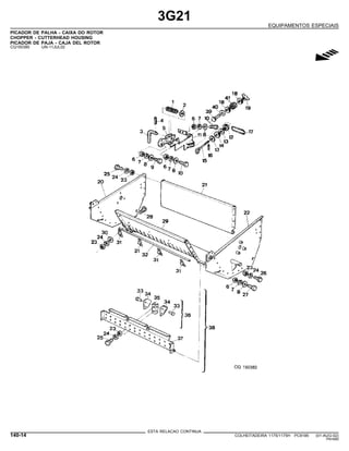 3G21
EQUIPAMENTOS ESPECIAIS
PICADOR DE PALHA - CAIXA DO ROTOR
CHOPPER - CUTTERHEAD HOUSING
PICADOR DE PAJA - CAJA DEL ROTOR
CQ150380 -UN-11JUL02
g
ESTA RELACAO CONTINUA
140-14 COLHEITADEIRA 1175/1175H PC9185 (01-AUG-02)
PN=680
 