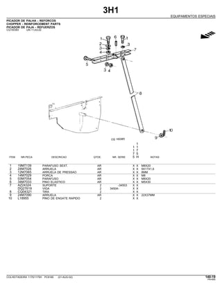 3H1
EQUIPAMENTOS ESPECIAIS
PICADOR DE PALHA - REFORCOS
CHOPPER - REINFORCEMENT PARTS
PICADOR DE PAJA - REFUERZOS
CQ150383 -UN-11JUL02
g
1
1 1
1 7
7 5
ITEM NR.PECA DESCRICAO QTDE. NR. SERIE 5 H NOTAS
1 19M7139 PARAFUSO SEXT. AR X X M8X20
2 24M7026 ARRUELA AR X X 9X17X1,6
3 12M7065 ARRUELA DE PRESSAO AR X X 8MM
4 14M7029 PORCA AR X X M8
5 03M7054 PARAFUSO AR X X M8X20
6 34M7033 PINO ELASTICO AR X X M5X30
7 AZ24324 SUPORTE 2 -34503 X X
DQ27619 VIGA 2 34504- X X
8 CQ04321 TIRA 2 X X
9 24M7090 ARRUELA AR X X 22X37MM
10 L18955 PINO DE ENGATE RAPIDO 2 X X
COLHEITADEIRA 1175/1175H PC9185 (01-AUG-02) 140-19
PN=685
 