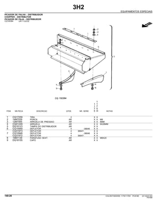 3H2
EQUIPAMENTOS ESPECIAIS
PICADOR DE PALHA - DISTRIBUIDOR
CHOPPER - DISTRIBUTOR
PICADOR DE PAJA - DISTRIBUIDOR
CQ150384 -UN-11JUL02
g
1
1 1
1 7
7 5
ITEM NR.PECA DESCRICAO QTDE. NR. SERIE 5 H NOTAS
1 CQ17259 TIRA 2 X X
2 14M7029 PORCA AR X X M8
3 12M7065 ARRUELA DE PRESSAO AR X X 8MM
4 CQ01249 ARRUELA AR X X 9X28MM
5 DQ18123 TAMPA DO DISTRIBUIDOR AR X X
6 CQ10949 DEFLETOR 4 -36646 X X
CQ31973 DEFLETOR 4 36647- X X
7 CQ10948 DEFLETOR 4 -36646 X X
CQ31972 DEFLETOR 4 36647- X X
8 19M7139 PARAFUSO SEXT. AR X X M8X20
9 DQ18155 CAPO AR X X
140-20 COLHEITADEIRA 1175/1175H PC9185 (01-AUG-02)
PN=686
 