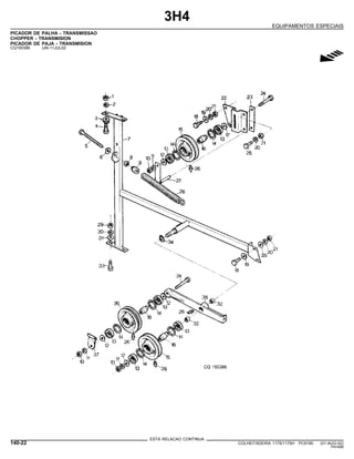 3H4
EQUIPAMENTOS ESPECIAIS
PICADOR DE PALHA - TRANSMISSAO
CHOPPER - TRANSMISION
PICADOR DE PAJA - TRANSMISION
CQ150386 -UN-11JUL02
g
ESTA RELACAO CONTINUA
140-22 COLHEITADEIRA 1175/1175H PC9185 (01-AUG-02)
PN=688
 
