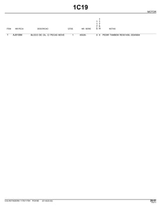 1C19
MOTOR
1
1 1
1 7
7 5
ITEM NR.PECA DESCRICAO QTDE. NR. SERIE 5 H NOTAS
1 AJ61084 BLOCO DE CIL. C/ PECAS MOVE 1 45026- X X PEDIR TAMBEM RE501456, DD45664
COLHEITADEIRA 1175/1175H PC9185 (01-AUG-02) 20-51
PN=71
 