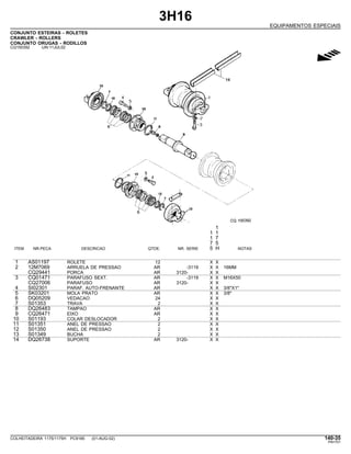 3H16
EQUIPAMENTOS ESPECIAIS
CONJUNTO ESTEIRAS - ROLETES
CRAWLER - ROLLERS
CONJUNTO ORUGAS - RODILLOS
CQ150392 -UN-11JUL02
g
1
1 1
1 7
7 5
ITEM NR.PECA DESCRICAO QTDE. NR. SERIE 5 H NOTAS
1 AS01197 ROLETE 12 X X
2 12M7069 ARRUELA DE PRESSAO AR -3119 X X 16MM
CQ29441 PORCA AR 3120- X X
3 CQ01471 PARAFUSO SEXT. AR -3119 X X M16X50
CQ27006 PARAFUSO AR 3120- X X
4 SI02301 PARAF. AUTO-FRENANTE AR X X 3/8"X1"
5 SK03201 MOLA PRATO AR X X 3/8"
6 DQ05209 VEDACAO 24 X X
7 S01353 TRAVA 2 X X
8 DQ26483 TAMPAO AR X X
9 CQ26471 EIXO AR X X
10 S01193 COLAR DESLOCADOR 2 X X
11 S01351 ANEL DE PRESSAO 2 X X
12 S01350 ANEL DE PRESSAO 2 X X
13 S01349 BUCHA 2 X X
14 DQ26738 SUPORTE AR 3120- X X
COLHEITADEIRA 1175/1175H PC9185 (01-AUG-02) 140-35
PN=701
 
