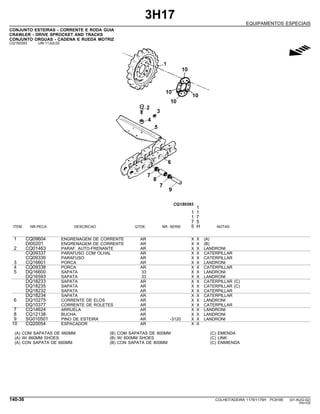 3H17
EQUIPAMENTOS ESPECIAIS
CONJUNTO ESTEIRAS - CORRENTE E RODA GUIA
CRAWLER - DRIVE SPROCKET AND TRACKS
CONJUNTO ORGUAS - CADENA E RUEDA MOTRIZ
CQ150393 -UN-11JUL02
g
1
1 1
1 7
7 5
ITEM NR.PECA DESCRICAO QTDE. NR. SERIE 5 H NOTAS
1 CQ09604 ENGRENAGEM DE CORRENTE AR X X (A)
DI00201 ENGRENAGEM DE CORRENTE AR X X (B)
2 CQ01463 PARAF. AUTO-FRENANTE AR X X LANDRONI
CQ09337 PARAFUSO COM OLHAL AR X X CATERPILLAR
CQ09336 PARAFUSO AR X X CATERPILLAR
3 CQ16601 PORCA AR X X LANDRONI
4 CQ09338 PORCA AR X X CATERPILLAR
5 DQ16600 SAPATA 33 X X LANDRONI
DQ16593 SAPATA 33 X X LANDRONI
DQ18233 SAPATA AR X X CATERPILLAR (C)
DQ18235 SAPATA AR X X CATERPILLAR (C)
DQ18232 SAPATA AR X X CATERPILLAR
DQ18234 SAPATA AR X X CATERPILLAR
6 DQ10275 CORRENTE DE ELOS AR X X LANDRONI
DQ10377 CORRENTE DE ROLETES AR X X CATERPILLAR
7 CQ14624 ARRUELA AR X X LANDRONI
8 CQ12138 BUCHA AR X X LANDRONI
9 SG010501 PINO DE ESTEIRA AR -3120 X X LANDRONI
10 CQ20054 ESPACADOR AR X X
(A) COM SAPATAS DE 660MM (B) COM SAPATAS DE 800MM (C) EMENDA
(A) W/ 660MM SHOES (B) W/ 800MM SHOES (C) LINK
(A) CON SAPATA DE 660MM (B) CON SAPATA DE 800MM (C) ENMIENDA
140-36 COLHEITADEIRA 1175/1175H PC9185 (01-AUG-02)
PN=702
 