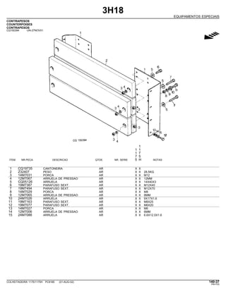 3H18
EQUIPAMENTOS ESPECIAIS
CONTRAPESOS
COUNTERPOISES
CONTRAPESOS
CQ150394 -UN-27NOV01
g
1
1 1
1 7
7 5
ITEM NR.PECA DESCRICAO QTDE. NR. SERIE 5 H NOTAS
1 CQ19735 CANTONEIRA AR X X
2 Z32407 PESO AR X X 28,5KG
3 14M7031 PORCA AR X X M12
4 12M7067 ARRUELA DE PRESSAO AR X X 12MM
5 CQ05126 ARRUELA AR X X 14X40X3
6 19M7387 PARAFUSO SEXT. AR X X M12X40
7 19M7494 PARAFUSO SEXT. AR X X M12X70
8 14M7029 PORCA AR X X M8
9 12M7065 ARRUELA DE PRESSAO AR X X 8MM
10 24M7026 ARRUELA AR X X 9X17X1,6
11 19M7163 PARAFUSO SEXT. AR X X M8X25
12 19M7077 PARAFUSO SEXT. AR X X M6X20
13 14M7027 PORCA AR X X M6
14 12M7006 ARRUELA DE PRESSAO AR X X 6MM
15 24M7088 ARRUELA AR X X 6.6X12.5X1.6
COLHEITADEIRA 1175/1175H PC9185 (01-AUG-02) 140-37
PN=703
 