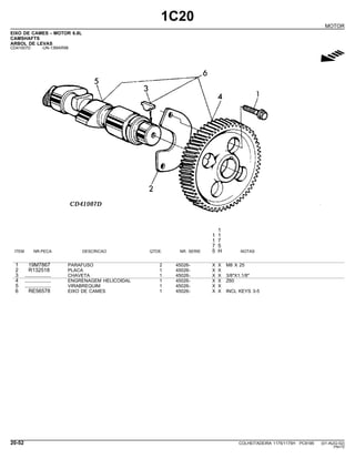 1C20
MOTOR
EIXO DE CAMES - MOTOR 6.8L
CAMSHAFTS
ARBOL DE LEVAS
CD41007D -UN-13MAR98
g
1
1 1
1 7
7 5
ITEM NR.PECA DESCRICAO QTDE. NR. SERIE 5 H NOTAS
1 19M7867 PARAFUSO 2 45026- X X M8 X 25
2 R132518 PLACA 1 45026- X X
3 .................. CHAVETA 1 45026- X X 3/8"X1.1/8"
4 .................. ENGRENAGEM HELICOIDAL 1 45026- X X Z60
5 .................. VIRABREQUIM 1 45026- X X
6 RE56578 EIXO DE CAMES 1 45026- X X INCL KEYS 3-5
20-52 COLHEITADEIRA 1175/1175H PC9185 (01-AUG-02)
PN=72
 