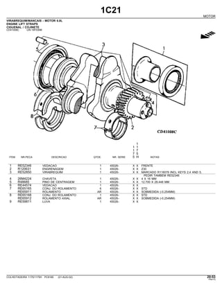 1C21
MOTOR
VIRABREQUIM/MANCAIS - MOTOR 6.8L
ENGINE LIFT STRAPS
CIGUENAL / COJINETE
CD41008C -UN-19FEB98
g
1
1 1
1 7
7 5
ITEM NR.PECA DESCRICAO QTDE. NR. SERIE 5 H NOTAS
1 RE52346 VEDACAO 1 45026- X X FRENTE
2 R120631 ENGRENAGEM 1 45026- X X Z30
3 RE52850 VIRABREQUIM 1 45026- X X MARCADO R116076 INCL KEYS 2,4 AND 5,
PEDIR TAMBEM RE52346
4 26M4224 CHAVETA 1 45026- X X 4 X 16 MM
5 R48685 PINO DE CENTRAGEM 1 45026- X X 12.700 X 28.448 MM
6 RE44574 VEDACAO 1 45026- X X
7 RE65165 CONJ. DO ROLAMENTO 6 45026- X X STD
RE65911 ROLAMENTO AR 45026- X X SOBMEDIDA (-0.254MM)
8 RE65168 CONJ. DO ROLAMENTO 1 45026- X X STD
RE65912 ROLAMENTO AXIAL AR 45026- X X SOBMEDIDA (-0.254MM)
9 RE59811 LUVA 1 45026- X X
COLHEITADEIRA 1175/1175H PC9185 (01-AUG-02) 20-53
PN=73
 