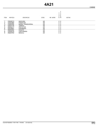 4A21
CABINE
1
1 1
1 7
7 5
ITEM NR.PECA DESCRICAO QTDE. NR. SERIE 5 H NOTAS
1 CQ24513 MASCARA AR X X
2 CQ32360 PARAFUSO AR X X
3 CQ25785 BARRA TRANSVERSAL AR X X
4 CQ27716 TAMPAO AR X X
5 DQ25217 PROTETOR AR X X
6 DQ23807 PARABRISA AR X X
7 DQ25202 ENGATE AR X X
8 CQ32419 CANTONEIRA AR X X
9 DQ23793 MANCAL AR X X
COLHEITADEIRA 1175/1175H PC9185 (01-AUG-02) 150-3
PN=729
 
