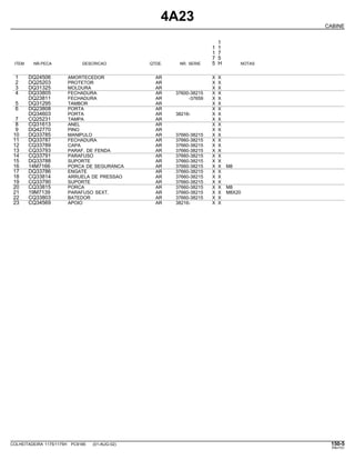 4A23
CABINE
1
1 1
1 7
7 5
ITEM NR.PECA DESCRICAO QTDE. NR. SERIE 5 H NOTAS
1 DQ24506 AMORTECEDOR AR X X
2 DQ25203 PROTETOR AR X X
3 DQ31325 MOLDURA AR X X
4 DQ33805 FECHADURA AR 37600-38215 X X
DQ23811 FECHADURA AR -37659 X X
5 DQ31295 TAMBOR AR X X
6 DQ23808 PORTA AR X X
DQ34603 PORTA AR 38216- X X
7 CQ25231 TAMPA AR X X
8 CQ31613 ANEL AR X X
9 DQ42770 PINO AR X X
10 DQ33785 MANIPULO AR 37660-38215 X X
11 DQ33787 FECHADURA AR 37660-38215 X X
12 CQ33789 CAPA AR 37660-38215 X X
13 CQ33793 PARAF. DE FENDA AR 37660-38215 X X
14 CQ33791 PARAFUSO AR 37660-38215 X X
15 DQ33788 SUPORTE AR 37660-38215 X X
16 14M7166 PORCA DE SEGURANCA AR 37660-38215 X X M8
17 DQ33786 ENGATE AR 37660-38215 X X
18 CQ33814 ARRUELA DE PRESSAO AR 37660-38215 X X
19 CQ33790 SUPORTE AR 37660-38215 X X
20 CQ33815 PORCA AR 37660-38215 X X M8
21 19M7139 PARAFUSO SEXT. AR 37660-38215 X X M8X20
22 CQ33803 BATEDOR AR 37660-38215 X X
23 CQ34569 APOIO AR 38216- X X
COLHEITADEIRA 1175/1175H PC9185 (01-AUG-02) 150-5
PN=731
 