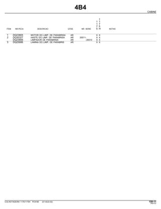 4B4
CABINE
1
1 1
1 7
7 5
ITEM NR.PECA DESCRICAO QTDE. NR. SERIE 5 H NOTAS
1 DQ23805 MOTOR DO LIMP. DE PARABRISA AR X X
2 DQ30327 HASTE DO LIMP. DE PARABRISA AR 35511- X X
DQ23806 LIMPADOR DE PARABRISA AR -35510 X X
3 DQ25686 LAMINA DO LIMP. DE PARABRIS AR X X
COLHEITADEIRA 1175/1175H PC9185 (01-AUG-02) 150-11
PN=737
 