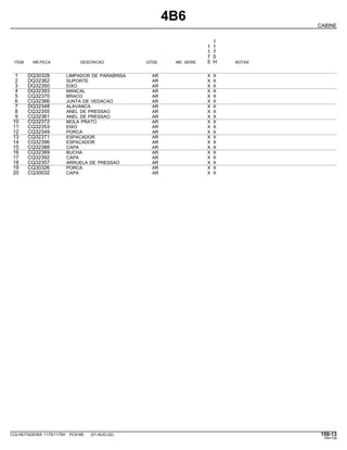 4B6
CABINE
1
1 1
1 7
7 5
ITEM NR.PECA DESCRICAO QTDE. NR. SERIE 5 H NOTAS
1 DQ30328 LIMPADOR DE PARABRISA AR X X
2 DQ32362 SUPORTE AR X X
3 DQ32350 EIXO AR X X
4 DQ32393 MANCAL AR X X
5 CQ32370 BRACO AR X X
6 CQ32366 JUNTA DE VEDACAO AR X X
7 DQ32348 ALAVANCA AR X X
8 CQ32355 ANEL DE PRESSAO AR X X
9 CQ32361 ANEL DE PRESSAO AR X X
10 CQ32372 MOLA PRATO AR X X
11 CQ32353 EIXO AR X X
12 CQ32349 PORCA AR X X
13 CQ32371 ESPACADOR AR X X
14 CQ32396 ESPACADOR AR X X
15 CQ32388 CAPA AR X X
16 CQ32389 BUCHA AR X X
17 CQ32392 CAPA AR X X
18 CQ32357 ARRUELA DE PRESSAO AR X X
19 CQ30326 PORCA AR X X
20 CQ30032 CAPA AR X X
COLHEITADEIRA 1175/1175H PC9185 (01-AUG-02) 150-13
PN=739
 