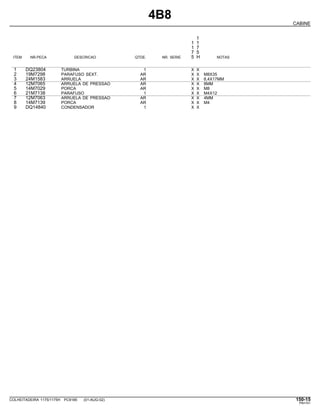 4B8
CABINE
1
1 1
1 7
7 5
ITEM NR.PECA DESCRICAO QTDE. NR. SERIE 5 H NOTAS
1 DQ23804 TURBINA 1 X X
2 19M7298 PARAFUSO SEXT. AR X X M8X35
3 24M1583 ARRUELA AR X X 8,4X17MM
4 12M7065 ARRUELA DE PRESSAO AR X X 8MM
5 14M7029 PORCA AR X X M8
6 21M7138 PARAFUSO 1 X X M4X12
7 12M7063 ARRUELA DE PRESSAO AR X X 4MM
8 14M7139 PORCA AR X X M4
9 DQ14840 CONDENSADOR 1 X X
COLHEITADEIRA 1175/1175H PC9185 (01-AUG-02) 150-15
PN=741
 
