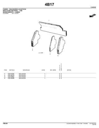 4B17
CABINE
CABINE - ISOLADORES ACUSTICOS
INSULATING MATERIAL - CAB
REVESTIMIENTO - CABINA
CQ150504 -UN-11JUL02
g
1
1 1
1 7
7 5
ITEM NR.PECA DESCRICAO QTDE. NR. SERIE 5 H NOTAS
1 CQ13330 ISOLADOR 1 X X
2 CQ14676 ISOLADOR 1 X X
3 CQ10082 ISOLADOR 1 X X
4 CQ12638 ISOLADOR 1 X X
150-24 COLHEITADEIRA 1175/1175H PC9185 (01-AUG-02)
PN=750
 