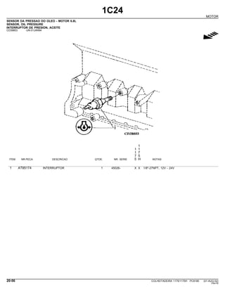1C24
MOTOR
SENSOR DA PRESSAO DO OLEO - MOTOR 6.8L
SENSOR, OIL PRESSURE
INTERRUPTOR DE PRESION, ACEITE
CD39803 -UN-01JAN94
g
1
1 1
1 7
7 5
ITEM NR.PECA DESCRICAO QTDE. NR. SERIE 5 H NOTAS
1 AT85174 INTERRUPTOR 1 45026- X X 1/8"-27NPT, 12V - 24V
20-56 COLHEITADEIRA 1175/1175H PC9185 (01-AUG-02)
PN=76
 