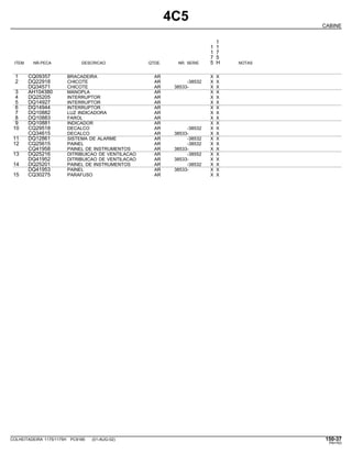 4C5
CABINE
1
1 1
1 7
7 5
ITEM NR.PECA DESCRICAO QTDE. NR. SERIE 5 H NOTAS
1 CQ09357 BRACADEIRA AR X X
2 DQ22918 CHICOTE AR -38532 X X
DQ34571 CHICOTE AR 38533- X X
3 AH104380 MANOPLA AR X X
4 DQ25205 INTERRUPTOR AR X X
5 DQ14927 INTERRUPTOR AR X X
6 DQ14944 INTERRUPTOR AR X X
7 DQ10882 LUZ INDICADORA AR X X
8 DQ10883 FAROL AR X X
9 DQ10881 INDICADOR AR X X
10 CQ29518 DECALCO AR -38532 X X
CQ34615 DECALCO AR 38533- X X
11 DQ12861 SISTEMA DE ALARME AR -38532 X X
12 CQ25615 PAINEL AR -38532 X X
CQ41958 PAINEL DE INSTRUMENTOS AR 38533- X X
13 DQ25216 DITRIBUICAO DE VENTILACAO AR -38552 X X
DQ41952 DITRIBUICAO DE VENTILACAO AR 38533- X X
14 DQ25201 PAINEL DE INSTRUMENTOS AR -38532 X X
DQ41953 PAINEL AR 38533- X X
15 CQ30275 PARAFUSO AR X X
COLHEITADEIRA 1175/1175H PC9185 (01-AUG-02) 150-37
PN=763
 
