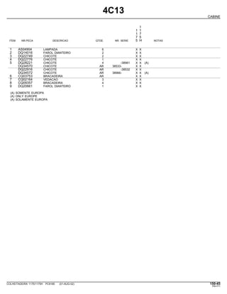 4C13
CABINE
1
1 1
1 7
7 5
ITEM NR.PECA DESCRICAO QTDE. NR. SERIE 5 H NOTAS
1 AS04904 LAMPADA 6 X X
2 DQ14016 FAROL DIANTEIRO 2 X X
3 DQ22749 CHICOTE 2 X X
4 DQ22776 CHICOTE 1 X X
5 DQ28221 CHICOTE 4 -38961 X X (A)
DQ34570 CHICOTE AR 38533- X X
DQ22916 CHICOTE AR -38532 X X
DQ34572 CHICOTE AR 38966- X X (A)
6 CQ03753 BRACADEIRA AR X X
7 CQ02164 VEDACAO 3 X X
8 CQ09357 BRACADEIRA 4 X X
9 DQ20661 FAROL DIANTEIRO 1 X X
(A) SOMENTE EUROPA
(A) ONLY EUROPE
(A) SOLAMENTE EUROPA
COLHEITADEIRA 1175/1175H PC9185 (01-AUG-02) 150-45
PN=771
 