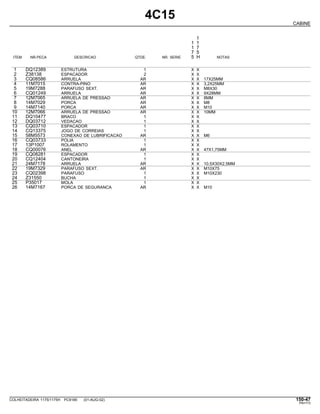 4C15
CABINE
1
1 1
1 7
7 5
ITEM NR.PECA DESCRICAO QTDE. NR. SERIE 5 H NOTAS
1 DQ12389 ESTRUTURA 1 X X
2 Z38138 ESPACADOR 2 X X
3 CQ08586 ARRUELA AR X X 17X25MM
4 11M7015 CONTRA-PINO AR X X 3,2X25MM
5 19M7288 PARAFUSO SEXT. AR X X M8X30
6 CQ01249 ARRUELA AR X X 9X28MM
7 12M7065 ARRUELA DE PRESSAO AR X X 8MM
8 14M7029 PORCA AR X X M8
9 14M7140 PORCA AR X X M10
10 12M7066 ARRUELA DE PRESSAO AR X X 10MM
11 DQ10477 BRACO 1 X X
12 DQ03712 VEDACAO 1 X X
13 CQ03710 ESPACADOR 1 X X
14 CQ13375 JOGO DE CORREIAS 1 X X
15 58M5573 CONEXAO DE LUBRIFICACAO AR X X M6
16 CQ03733 POLIA 1 X X
17 13P1007 ROLAMENTO 1 X X
18 CQ00076 ANEL AR X X 47X1,75MM
19 CQ08281 ESPACADOR 1 X X
20 CQ12404 CANTONEIRA 1 X X
21 24M7178 ARRUELA AR X X 10,5X30X2,5MM
22 19M7329 PARAFUSO SEXT. AR X X M10X75
23 CQ02398 PARAFUSO 1 X X M10X230
24 Z31550 BUCHA 1 X X
25 P35017 MOLA 1 X X
26 14M7167 PORCA DE SEGURANCA AR X X M10
COLHEITADEIRA 1175/1175H PC9185 (01-AUG-02) 150-47
PN=773
 