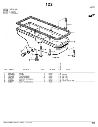 1D2
MOTOR
CARTER - MOTOR 6.8L
OIL PAN
CARTER DE ACEITE
CD41056 -UN-25NOV97
g
1
1 1
1 7
7 5
ITEM NR.PECA DESCRICAO QTDE. NR. SERIE 5 H NOTAS
1 R500349 JUNTA 1 45026- X X
2 RE500612 CARTER 1 45026- X X FRONT
3 19M8062 PARAFUSO SEXT. 6 45026- X X M8 X 20
4 19M8163 PARAFUSO SEXT. 20 45026- X X M8 X 16
5 AJ59647 CONEXAO EM ANGULO 1 45026- X X M8 X 1.5
6 51M7045 ANEL O 1 45026- X X 15.300 X 2.200 MM
7 J56513 BARRA TRANSVERSAL 1 45026- X X
COLHEITADEIRA 1175/1175H PC9185 (01-AUG-02) 20-59
PN=79
 