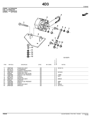 4D3
CABINE
CABINE - ALTERNADOR
CAB - ALTERNATOR
CABINA - ALTERNADOR
CQ152575 -UN-11JUL02
g
1
1 1
1 7
7 5
ITEM NR.PECA DESCRICAO QTDE. NR. SERIE 5 H NOTAS
1 19M7346 PARAFUSO SEXT. AR X X M10X110
2 DQ14715 ALTERNADOR AR X X
3 CQ13673 CORREIA TRAPEZOIDAL AR X X
4 19M7180 PARAFUSO SEXT. AR X X M10X45
5 Z40935 PARAFUSO COM OLHAL AR X X
6 12M7066 ARRUELA DE PRESSAO AR X X 10MM
7 14M7140 PORCA AR X X M10
8 DQ14477 SUPORTE AR X X
9 19M7163 PARAFUSO SEXT. AR X X M8X25
10 Z42402 SUPORTE AR X X
11 12M7065 ARRUELA DE PRESSAO AR X X 8MM
12 14M7029 PORCA AR X X M8
13 19M7288 PARAFUSO SEXT. AR X X M8X30
14 24M7026 ARRUELA AR X X 9X17X1,6
150-60 COLHEITADEIRA 1175/1175H PC9185 (01-AUG-02)
PN=786
 