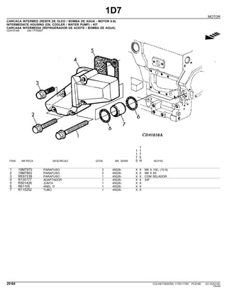 1D7
MOTOR
CARCACA INTERMED (RESFR DE OLEO / BOMBA DE AGUA - MOTOR 6.8L
INTERMEDIATE HOUSING (OIL COOLER / WATER PUMP) - KIT
CARCASA INTERMEDIA (REFRIGERADOR DE ACEITE / BOMBA DE AGUA)
CD41016A -UN-17FEB97
g
1
1 1
1 7
7 5
ITEM NR.PECA DESCRICAO QTDE. NR. SERIE 5 H NOTAS
1 19M7970 PARAFUSO 2 45026- X X M8 X 100, (10.9)
2 19M7802 PARAFUSO 2 45026- X X M8 X 65
3 RE67238 PARAFUSO 1 45026- X X COM SELADOR
4 R135177 ADAPTADOR 1 45026- X X 3/8"
5 R501428 JUNTA 1 45026- X X
6 R61105 ANEL O 1 45026- X X
7 R115252 TUBO 1 45026- X X
20-64 COLHEITADEIRA 1175/1175H PC9185 (01-AUG-02)
PN=84
 