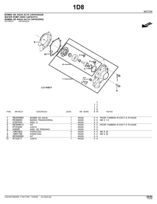 1D8
MOTOR
BOMBA DE AGUA ALTA CAPACIDADE
WATER PUMP (HIGH CAPACITY)
BOMBA DE AGUA (ALTA CAPACIDAD)
CQ154075 -UN-04JUL02
g
1
1 1
1 7
7 5
ITEM NR.PECA DESCRICAO QTDE. NR. SERIE 5 H NOTAS
1 RE505980 BOMBA DE AGUA 1 45026- X X PEDIR TAMBEM R123417 E R123226
2 RE46685 BARRA TRANSVERSAL 1 45026- X X M8 X 1.5
3 51M7043 ANEL O 1 45026- X X
4 RE509813 KIT 1 45026- X X PEDIR TAMBEM R123417 E R123226
5 R123226 JUNTA 1 45026- X X
6 A364R ANEL DE PRESSAO 1 45026- X X
7 19M7863 PARAFUSO 5 45026- X X M6 X 25
8 19M7796 PARAFUSO 3 45026- X X M6 X 30
9 RE508566 KIT 1 45026- X X
10 R123417 JUNTA 1 45026- X X
COLHEITADEIRA 1175/1175H PC9185 (01-AUG-02) 20-65
PN=85
 