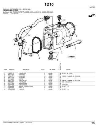 1D10
MOTOR
CARCACA DO TERMOSTATO - MOTOR 6.8L
THERMOSTAT / COVER
CARCASA DEL TERMOSTATO / TUBO DE DERIVACION A LA BOMBA DE AGUA
CD43204 -UN-29APR99
g
1
1 1
1 7
7 5
ITEM NR.PECA DESCRICAO QTDE. NR. SERIE 5 H NOTAS
1 19M7811 PARAFUSO 2 45026- X X M10 X 90, (10.9)
2 R501227 VEDACAO 1 45026- X X
3 R500471 CARCACA 1 45026- X X PEDIR TAMBEM (2) R123226
4 R501228 VEDACAO 1 45026- X X
5 R123226 JUNTA 1 45026- X X
6 R501314 TUBULACAO 1 45026- X X PEDIR TAMBEM (2) R123226
7 19M7801 PARAFUSO 1 45026- X X M8 X 60, (10.9)
8 R123324 BRACADEIRA 1 45026- X X
9 CD14689 ESPACADOR 1 45026- X X TK11MM
10 RE46684 BARRA TRANSVERSAL 1 45026- X X M14 X 1.5
11 51M7041 ANEL O 1 45026- X X
12 RE500565 TAMPAO 1 45026- X X M12 X 1.5
COLHEITADEIRA 1175/1175H PC9185 (01-AUG-02) 20-67
PN=87
 