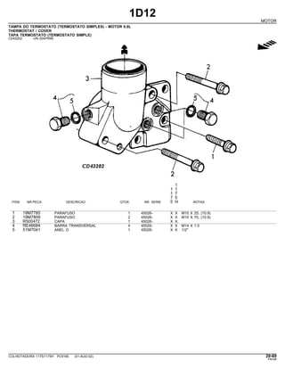 1D12
MOTOR
TAMPA DO TERMOSTATO (TERMOSTATO SIMPLES) - MOTOR 6.8L
THERMOSTAT / COVER
TAPA TERMOSTATO (TERMOSTATO SIMPLE)
CD43202 -UN-30APR99
g
1
1 1
1 7
7 5
ITEM NR.PECA DESCRICAO QTDE. NR. SERIE 5 H NOTAS
1 19M7785 PARAFUSO 1 45026- X X M10 X 25, (10.9)
2 19M7809 PARAFUSO 2 45026- X X M10 X 70, (10.9)
3 R500472 CAPA 1 45026- X X
4 RE46684 BARRA TRANSVERSAL 4 45026- X X M14 X 1.5
5 51M7041 ANEL O 1 45026- X X 1/2"
COLHEITADEIRA 1175/1175H PC9185 (01-AUG-02) 20-69
PN=89
 