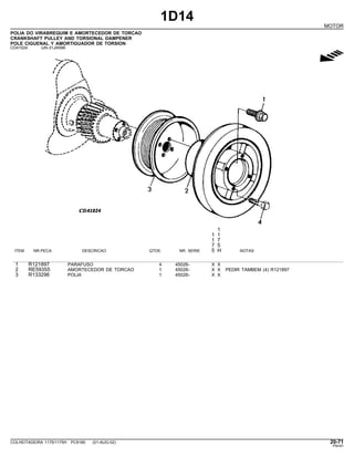 1D14
MOTOR
POLIA DO VIRABREQUIM E AMORTECEDOR DE TORCAO
CRANKSHAFT PULLEY AND TORSIONAL DAMPENER
POLE CIGUENAL Y AMORTIGUADOR DE TORSION
CD41024 -UN-31JAN96
g
1
1 1
1 7
7 5
ITEM NR.PECA DESCRICAO QTDE. NR. SERIE 5 H NOTAS
1 R121897 PARAFUSO 4 45026- X X
2 RE59355 AMORTECEDOR DE TORCAO 1 45026- X X PEDIR TAMBEM (4) R121897
3 R133296 POLIA 1 45026- X X
COLHEITADEIRA 1175/1175H PC9185 (01-AUG-02) 20-71
PN=91
 
