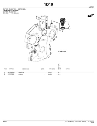 1D19
MOTOR
CAPTOR MAGNETICO - MOTOR 6.8L
ENGINE SPEED SENSOR
CAPTOR MAGNETICO
CD41054A -UN-02MAR98
g
1
1 1
1 7
7 5
ITEM NR.PECA DESCRICAO QTDE. NR. SERIE 5 H NOTAS
1 RE508195 SENSOR 1 45026- X X
2 51M7044 ANEL O 1 45026- X X
20-76 COLHEITADEIRA 1175/1175H PC9185 (01-AUG-02)
PN=96
 