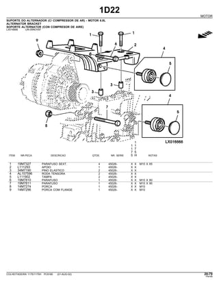 1D22
MOTOR
SUPORTE DO ALTERNADOR (C/ COMPRESSOR DE AR) - MOTOR 6.8L
ALTERNATOR BRACKET
SOPORTE ALTERNATOR (CON COMPRESOR DE AIRE)
LX016666 -UN-05NOV97
g
1
1 1
1 7
7 5
ITEM NR.PECA DESCRICAO QTDE. NR. SERIE 5 H NOTAS
1 19M7327 PARAFUSO SEXT. 4 45026- X X M10 X 65
2 L111293 APOIO 1 45026- X X
3 34M7190 PINO ELASTICO 2 45026- X X
4 AL157596 RODA TENSORA 2 45026- X X
5 L111902 TAMPA 2 45026- X X
6 19M7810 PARAFUSO 1 45026- X X M10 X 80
7 19M7811 PARAFUSO 1 45026- X X M10 X 90
8 14M7274 PORCA 1 45026- X X M10
9 14M7296 PORCA COM FLANGE 1 45026- X X M10
COLHEITADEIRA 1175/1175H PC9185 (01-AUG-02) 20-79
PN=99
 