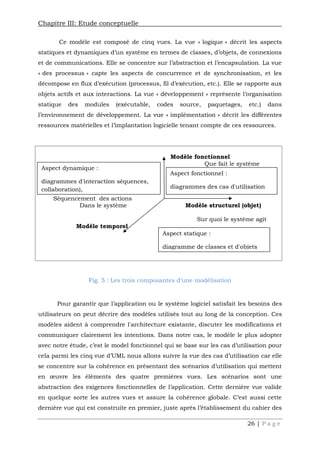 Chapitre III: Etude conceptuelle
26 | P a g e
Ce modèle est composé de cinq vues. La vue « logique » décrit les aspects
statiques et dynamiques d’un système en termes de classes, d’objets, de connexions
et de communications. Elle se concentre sur l’abstraction et l’encapsulation. La vue
« des processus » capte les aspects de concurrence et de synchronisation, et les
décompose en flux d’exécution (processus, fil d’exécution, etc.). Elle se rapporte aux
objets actifs et aux interactions. La vue « développement » représente l’organisation
statique des modules (exécutable, codes source, paquetages, etc.) dans
l’environnement de développement. La vue « implémentation » décrit les différentes
ressources matérielles et l’implantation logicielle tenant compte de ces ressources.
Fig. 5 : Les trois composantes d’une modélisation
Pour garantir que l’application ou le système logiciel satisfait les besoins des
utilisateurs on peut décrire des modèles utilisés tout au long de la conception. Ces
modèles aident à comprendre l'architecture existante, discuter les modifications et
communiquer clairement les intentions. Dans notre cas, le modèle le plus adopter
avec notre étude, c’est le model fonctionnel qui se base sur les cas d’utilisation pour
cela parmi les cinq vue d’UML nous allons suivre la vue des cas d’utilisation car elle
se concentre sur la cohérence en présentant des scénarios d’utilisation qui mettent
en œuvre les éléments des quatre premières vues. Les scénarios sont une
abstraction des exigences fonctionnelles de l’application. Cette dernière vue valide
en quelque sorte les autres vues et assure la cohérence globale. C’est aussi cette
dernière vue qui est construite en premier, juste après l’établissement du cahier des
Modèle fonctionnel
Que fait le système
Séquencement des actions
Dans le système Modèle structurel (objet)
Sur quoi le système agit
Modèle temporel
Aspect dynamique :
diagrammes d'interaction séquences,
collaboration),
d'états-transitions et d'activité
Aspect statique :
diagramme de classes et d'objets
Aspect fonctionnel :
diagrammes des cas d'utilisation
 