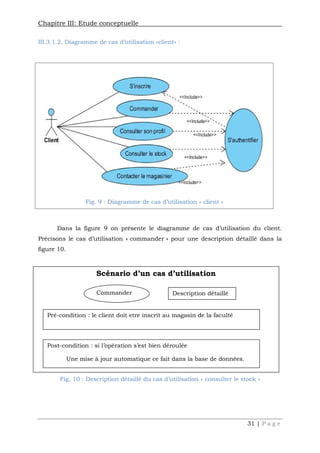 Chapitre III: Etude conceptuelle
31 | P a g e
III.3.1.2. Diagramme de cas d’utilisation «client» :
Dans la figure 9 on présente le diagramme de cas d’utilisation du client.
Précisons le cas d’utilisation « commander » pour une description détaillé dans la
figure 10.
Fig. 10 : Description détaillé du cas d’utilisation « consulter le stock »
Fig. 9 : Diagramme de cas d’utilisation « client »
Scénario d’un cas d’utilisation
Commander Description détaillé
Pré-condition : le client doit etre inscrit au magasin de la faculté
Post-condition : si l’opération s’est bien déroulée
Une mise à jour automatique ce fait dans la base de données.
 