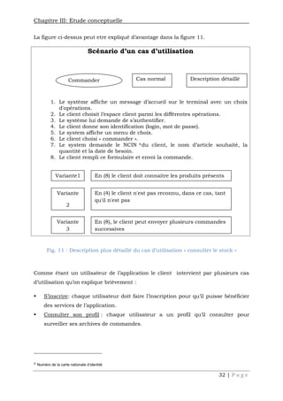 Chapitre III: Etude conceptuelle
32 | P a g e
La figure ci-dessus peut etre expliqué d’avantage dans la figure 11.
Fig. 11 : Description plus détaillé du cas d’utilisation « consulter le stock »
Comme étant un utilisateur de l’application le client intervient par plusieurs cas
d’utilisation qu’on explique brièvement :
 S’inscrire: chaque utilisateur doit faire l’inscription pour qu’il puisse bénéficier
des services de l’application.
 Consulter son profil : chaque utilisateur a un profil qu’il consulter pour
surveiller ses archives de commandes.
9 Numéro de la carte nationale d'identité
Scénario d’un cas d’utilisation
1. Le système affiche un message d’accueil sur le terminal avec un choix
d'opérations.
2. Le client choisit l’espace client parmi les différentes opérations.
3. Le système lui demande de s’authentifier.
4. Le client donne son identification (login, mot de passe).
5. Le system affiche un menu de choix.
6. Le client choisi « commander ».
7. Le system demande le NCIN 9 du client, le nom d’article souhaité, la
quantité et la date de besoin.
8. Le client rempli ce formulaire et envoi la commande.
Commander Cas normal Description détaillé
Variante1 En (8) le client doit connaitre les produits présents
Variante
2
En (4) le client n'est pas reconnu, dans ce cas, tant
qu'il n'est pas
reconnu, on lui redemande de s'authentifier
Variante
3
En (8), le client peut envoyer plusieurs commandes
successives
 