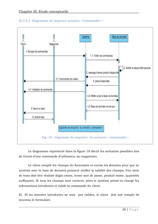 Chapitre III: Etude conceptuelle
38 | P a g e
III.3.2.3. Diagramme de séquence scénario « Commander » :
Le diagramme représenté dans la figure 18 décrit les scénarios possibles lors
de l’envoi d’une commande d'utilisateur au magasinier.
Le client remplit les champs du formulaire et envoie les données pour que Le
système avec la base de données puissent vérifier la validité des champs, Une série
de tests doit être réalisée (login existe, tester mot de passe, produit existe, quantités
suffisante). Si tous les champs sont corrects, alors le système prend en charge les
informations introduites et valide la commande du client.
Et Si les données introduites ne sont pas valides, le client doit soit remplir de
nouveau le formulaire.
Fig. 18 : Digramme de séquence du scénario « commander »
 