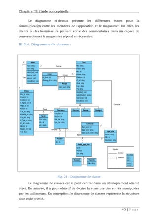 Chapitre III: Etude conceptuelle
40 | P a g e
Le diagramme ci-dessus présente les différentes étapes pour la
communication entre les membres de l’application et le magasinier. En effet, les
clients ou les fournisseurs peuvent écrire des commentaires dans un espace de
conversations et le magasinier répond si nécessaire.
III.3.4. Diagramme de classes :
Fig. 21 : Diagramme de classe
Le diagramme de classes est le point central dans un développement orienté
objet. En analyse, il a pour objectif de décrire la structure des entités manipulées
par les utilisateurs. En conception, le diagramme de classes représente la structure
d'un code orienté.
 