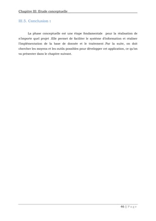 Chapitre III: Etude conceptuelle
46 | P a g e
III.5. Conclusion :
La phase conceptuelle est une étape fondamentale pour la réalisation de
n’importe quel projet .Elle permet de faciliter le système d’information et réaliser
l’implémentation de la base de donnée et le traitement .Par la suite, on doit
chercher les moyens et les outils possibles pour développer cet application, ce qu’on
va présenter dans le chapitre suivant.
 