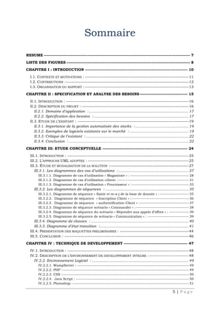 5 | P a g e
Sommaire
RESUME -------------------------------------------------------------------------------------------------------------- 7
LISTE DES FIGURES --------------------------------------------------------------------------------------------- 8
CHAPITRE I : INTRODUCTION ----------------------------------------------------------------------------- 10
I.1. CONTEXTE ET MOTIVATIONS : -----------------------------------------------------------------------11
I.2. CONTRIBUTIONS :------------------------------------------------------------------------------------12
I.3. ORGANISATION DU RAPPORT : -----------------------------------------------------------------------13
CHAPITRE II : SPECIFICATION ET ANALYSE DES BESOINS------------------------------------ 15
II.1. INTRODUCTION : ------------------------------------------------------------------------------------16
II.2. DESCRIPTION DU PROJET : -------------------------------------------------------------------------16
II.2.1. Domaine d’application :.......................................................................................... 17
II.2.2. Spécification des besoins : ..................................................................................... 17
II.3. ETUDE DE L’EXISTANT : ----------------------------------------------------------------------------19
II.3.1. Importance de la gestion automatisée des stocks :................................................ 19
II.3.2. Exemples de logiciels existants sur le marché : ..................................................... 19
II.3.3. Critique de l’existant : ............................................................................................ 22
II.3.4. Conclusion : ............................................................................................................ 22
CHAPITRE III: ETUDE CONCEPTUELLE ---------------------------------------------------------------- 24
III.1. INTRODUCTION : -----------------------------------------------------------------------------------25
III.2. L’APPROCHE UML ADOPTEE : ---------------------------------------------------------------------25
III.3. ÉTUDE ET MODALISATION DE LA SOLUTION :------------------------------------------------------27
III.3.1. Les diagrammes des cas d’utilisations : ............................................................... 27
III.3.1.1. Diagramme de cas d’utilisation « Magasinier » : -------------------------------------------- 28
III.3.1.2. Diagramme de cas d’utilisation «client» :----------------------------------------------------- 31
III.3.1.3. Diagramme de cas d’utilisation « Fournisseur » :------------------------------------------- 33
III.3.2. Les diagrammes de séquences : ........................................................................... 35
III.3.2.1. Diagramme de séquence « Saisir et m-a-j de la base de donnée » : ---------------------- 35
III.3.2.2. Diagramme de séquence « Inscription Client » :------------------------------------------- 36
III.3.2.3. Diagramme de séquence « authentification Client » :------------------------------------- 37
III.3.2.3. Diagramme de séquence scénario « Commander » :---------------------------------------- 38
III.3.2.4. Diagramme de séquence du scénario « Répondre aux appels d’offres » : --------------- 39
III.3.2.5. Diagramme de séquence de scénario « Communication » : ------------------------------- 39
III.3.4. Diagramme de classes : ........................................................................................ 40
III.3.3. Diagramme d’état transition :................................................................................ 41
III.4. PRESENTATION DES MAQUETTES PRELIMINAIRES : -----------------------------------------------44
III.5. CONCLUSION : -------------------------------------------------------------------------------------46
CHAPITRE IV : TECHNIQUE DE DEVELOPPEMENT ------------------------------------------------ 47
IV.1. INTRODUCTION : -----------------------------------------------------------------------------------48
IV.2. DESCRIPTION DE L’ENVIRONNEMENT DE DEVELOPPEMENT INTEGRE :---------------------------48
IV.2.2. Environnement Logiciel : ....................................................................................... 49
IV.2.2.1. WampServer : ------------------------------------------------------------------------------------ 49
IV.2.2.2. PHP :----------------------------------------------------------------------------------------------- 49
IV.2.2.3. CSS :----------------------------------------------------------------------------------------------- 50
IV.2.2.4. Java Script : ------------------------------------------------------------------------------------- 50
IV.2.2.5. Photoshop : --------------------------------------------------------------------------------------- 51
 