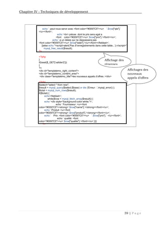 Chapitre IV : Techniques de développement
59 | P a g e
echo ' peut nous servir avec <font color="#0097C5"><u> '.$row["qte"].'
</u></font>';
echo '<br> piéces dont le prix sera egal a
<font color="#0097C5"><u>'.$row["prix"].'</font></u>';
echo ' a un delais qui ne deppassera pas
<font color="#0097C5"><u>'.$row["date"].'</u></font></fieldset>';
}}else echo "<script>alert('Pas d'enregistrements dans cette table...');</script>";
mysql_free_result($result);
?>
<?php
}
if(isset($_GET['valider2']))
{
?>
<div id="templatemo_right_content">
<div id="templatemo_content_area">
<div class="templatemo_title">les nouveaux appels d'offres :</div>
<?php
$select="select * from new";
$result = mysql_query($select,$base) or die ('Erreur : '.mysql_error() );
$total = mysql_num_rows($result);
if($total) {
echo'<fieldset>';
while($row = mysql_fetch_array($result)) {
echo '<div style="background-color:white;">';
echo ' Fournisseur :<u><font
color="#0097C5"><strong>'.$row["name"].'</strong></font></u>';
echo ' Produit :<u><font
color="#0097C5"><strong>'.$row["produit"].'</strong></font></u>';
echo ' Prix :<font color="#0097C5"><u> '.$row["prix"].' </u></font>';
echo ' qualité: <font
color="#0097C5"><u>'.$row["qualite"].'</font></u>';}}}
?>
Affichage des
réponses
Affichages des
nouveaux
appels d’offres
 