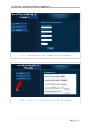 Chapitre IV : Techniques de développement
66 | P a g e
Fig. 35 : Interface pour les offres des produits des fournisseurs
Fig. 36 : Interface pour répondre aux appels d’offre de magasinier
 