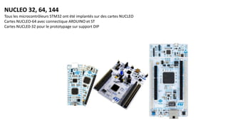 NUCLEO 32, 64, 144
Tous les microcontrôleurs STM32 ont été implantés sur des cartes NUCLEO
Cartes NUCLEO-64 avec connectique ARDUINO et ST
Cartes NUCLE0-32 pour le prototypage sur support DIP
 