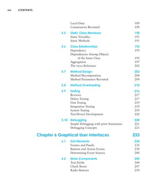 xvi CONTENTS
Local Data 189
Constructors Revisited 190
5.5 Static Class Members 190
Static Variables 191
Static Methods 191
5.6 Class Relationships 192
Dependency 195
Dependencies Among Objects
of the Same Class 195
Aggregation 197
The this Reference 202
5.7 Method Design 203
Method Decomposition 204
Method Parameters Revisited 209
5.8 Method Overloading 210
5.9 Testing 216
Reviews 217
Defect Testing 217
Unit Testing 219
Integration Testing 219
System Testing 219
Test-Driven Development 220
5.10 Debugging 220
Simple Debugging with print Statements 221
Debugging Concepts 221
Chapter 6 Graphical User Interfaces 233
6.1 GUI Elements 234
Frames and Panels 235
Buttons and Action Events 239
Determining Event Sources 240
6.2 More Components 243
Text Fields 244
Check Boxes 247
Radio Buttons 250
 