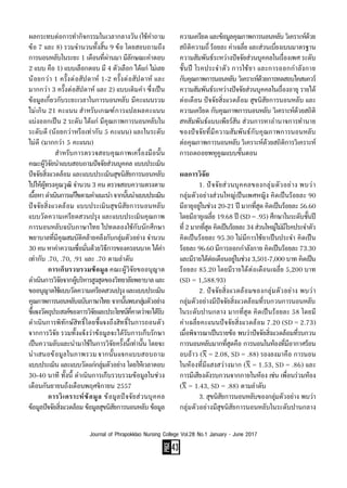 PAGE
43
Journal of Phrapokklao Nursing College Vol.28 No.1 January - June 2017
ผลกระทบต่อการท�ำกิจกรรมในเวลากลางวัน (ใช้ค�ำถาม
ข้อ 7 และ 8) รวมจ�ำนวนทั้งสิ้น 9 ข้อ โดยสอบถามถึง
การนอนหลับในระยะ 1 เดือนที่ผ่านมา มีลักษณะค�ำตอบ
2 แบบ คือ 1) แบบเลือกตอบ มี 4 ตัวเลือก ได้แก่ ไม่เลย
น้อยกว่า 1 ครั้งต่อสัปดาห์ 1-2 ครั้งต่อสัปดาห์ และ
มากกว่า 3 ครั้งต่อสัปดาห์ และ 2) แบบเติมค�ำ ซึ่งเป็น
ข้อมูลเกี่ยวกับระยะเวลาในการนอนหลับ มีคะแนนรวม
ไม่เกิน 21 คะแนน ส�ำหรับเกณฑ์การแปลผลคะแนน
แบ่งออกเป็น 2 ระดับ ได้แก่ มีคุณภาพการนอนหลับใน
ระดับดี (น้อยกว่าหรือเท่ากับ 5 คะแนน) และในระดับ
ไม่ดี (มากกว่า 5 คะแนน)
	 	 ส�ำหรับการตรวจสอบคุณภาพเครื่องมือนั้น
คณะผู้วิจัยน�ำแบบสอบถามปัจจัยส่วนบุคคล แบบประเมิน
ปัจจัยสิ่งแวดล้อม และแบบประเมินสุขนิสัยการนอนหลับ
ไปให้ผู้ทรงคุณวุฒิ จ�ำนวน 3 คน ตรวจสอบความตรงตาม
เนื้อหาด�ำเนินการแก้ไขตามค�ำแนะน�ำ จากนั้นน�ำแบบประเมิน
ปัจจัยสิ่งแวดล้อม แบบประเมินสุขนิสัยการนอนหลับ
แบบวัดความเครียดสวนปรุง และแบบประเมินคุณภาพ
การนอนหลับฉบับภาษาไทย ไปทดลองใช้กับนักศึกษา
พยาบาลที่มีคุณสมบัติคล้ายคลึงกับกลุ่มตัวอย่าง จ�ำนวน
30 คน หาค่าความเชื่อมั่นด้วยวิธีการของครอนบาค ได้ค่า
เท่ากับ .70, .70, .91 และ .70 ตามล�ำดับ
	 การเก็บรวบรวมข้อมูล คณะผู้วิจัยขออนุญาต
ด�ำเนินการวิจัยจากผู้บริหารสูงสุดของวิทยาลัยพยาบาลและ
ขออนุญาตใช้แบบวัดความเครียดสวนปรุงและแบบประเมิน
คุณภาพการนอนหลับฉบับภาษาไทย จากนั้นพบกลุ่มตัวอย่าง
ชี้แจงวัตถุประสงค์ของการวิจัยและประโยชน์ที่คาดว่าจะได้รับ
ด�ำเนินการพิทักษ์สิทธิ์โดยชี้แจงถึงสิทธิ์ในการถอนตัว
จากการวิจัย รวมทั้งแจ้งว่าข้อมูลจะได้รับการเก็บรักษา
เป็นความลับและน�ำมาใช้ในการวิจัยครั้งนี้เท่านั้น โดยจะ
น�ำเสนอข้อมูลในภาพรวมจากนั้นแจกแบบสอบถาม
แบบประเมิน และแบบวัดแก่กลุ่มตัวอย่าง โดยให้เวลาตอบ
30-40 นาที ทั้งนี้ ด�ำเนินการเก็บรวบรวมข้อมูลในช่วง
เดือนกันยายนถึงเดือนพฤศจิกายน 2557
	 การวิเคราะห์ข้อมูล ข้อมูลปัจจัยส่วนบุคคล
ข้อมูลปัจจัยสิ่งแวดล้อม ข้อมูลสุขนิสัยการนอนหลับ ข้อมูล
ความเครียดและข้อมูลคุณภาพการนอนหลับวิเคราะห์ด้วย
สถิติความถี่ร้อยละค่าเฉลี่ยและส่วนเบี่ยงเบนมาตรฐาน
ความสัมพันธ์ระหว่างปัจจัยส่วนบุคคลในเรื่องเพศ ระดับ
ชั้นปี โรคประจ�ำตัว การใช้ยา และการออกก�ำลังกาย
กับคุณภาพการนอนหลับ วิเคราะห์ด้วยการทดสอบไคสแควร์
ความสัมพันธ์ระหว่างปัจจัยส่วนบุคคลในเรื่องอายุ รายได้
ต่อเดือน ปัจจัยสิ่งแวดล้อม สุขนิสัยการนอนหลับ และ
ความเครียด กับคุณภาพการนอนหลับ วิเคราะห์ด้วยสถิติ
สหสัมพันธ์แบบเพียร์สัน ส่วนการหาอ�ำนาจการท�ำนาย
ของปัจจัยที่มีความสัมพันธ์กับคุณภาพการนอนหลับ
ต่อคุณภาพการนอนหลับวิเคราะห์ด้วยสถิติการวิเคราะห์
การถดถอยพหุคูณแบบขั้นตอน
ผลการวิจัย
	 1. ปัจจัยส่วนบุคคลของกลุ่มตัวอย่าง พบว่า
กลุ่มตัวอย่างส่วนใหญ่เป็นเพศหญิง คิดเป็นร้อยละ 90
มีอายุอยู่ในช่วง 20-21 ปี มากที่สุด คิดเป็นร้อยละ 56.60
โดยมีอายุเฉลี่ย 19.68 ปี (SD = .95) ศึกษาในระดับชั้นปี
ที่2มากที่สุดคิดเป็นร้อยละ34ส่วนใหญ่ไม่มีโรคประจ�ำตัว
คิดเป็นร้อยละ 95.30 ไม่มีการใช้ยาเป็นประจ�ำ คิดเป็น
ร้อยละ 96.60 มีการออกก�ำลังกาย คิดเป็นร้อยละ 73.30
และมีรายได้ต่อเดือนอยู่ในช่วง 3,501-7,000 บาท คิดเป็น
ร้อยละ 85.20 โดยมีรายได้ต่อเดือนเฉลี่ย 5,200 บาท
(SD = 1,588.93)
	 2. ปัจจัยสิ่งแวดล้อมของกลุ่มตัวอย่าง พบว่า
กลุ่มตัวอย่างมีปัจจัยสิ่งแวดล้อมที่รบกวนการนอนหลับ
ในระดับปานกลาง มากที่สุด คิดเป็นร้อยละ 58 โดยมี
ค่าเฉลี่ยคะแนนปัจจัยสิ่งแวดล้อม 7.20 (SD = 2.73)
เมื่อพิจารณาเป็นรายข้อ พบว่าปัจจัยสิ่งแวดล้อมที่รบกวน
การนอนหลับมากที่สุดคือ การนอนในห้องที่มีอากาศร้อน
อบอ้าว (X = 2.08, SD = .88) รองลงมาคือ การนอน
ในห้องที่มีแสงสว่างมาก (X = 1.53, SD = .86) และ
การมีเสียงดังรบกวนจากภายในห้อง เช่น เพื่อนร่วมห้อง
(X = 1.43, SD = .88) ตามล�ำดับ
	 3. สุขนิสัยการนอนหลับของกลุ่มตัวอย่าง พบว่า
กลุ่มตัวอย่างมีสุขนิสัยการนอนหลับในระดับปานกลาง
 