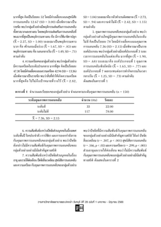 PAGE
44
วารสารวิทยาลัยพยาบาลพระปกเกล้า จันทบุรี ปีที่ 28 ฉบับที่ 1 มกราคม - มิถุนายน 2560
มากที่สุด คิดเป็นร้อยละ 52 โดยมีค่าเฉลี่ยคะแนนสุขนิสัย
การนอนหลับ 12.67 (SD = 3.00) เมื่อพิจารณาเป็น
รายข้อ พบว่ากลุ่มตัวอย่างมีพฤติกรรมส่งเสริมการนอนหลับ
ทั้งทางบวกและทางลบ โดยพฤติกรรมส่งเสริมการนอนหลับที่
พบมากที่สุดเป็นพฤติกรรมทางลบ คือ มีการใช้นาฬิกาปลุก
(X = 2.27, SD = 1.00) รองลงมาเป็นพฤติกรรมทาง
บวก คือ เข้านอนเมื่อง่วง (X = 1.67, SD = .85) และ
พฤติกรรมทางลบ คือ นอนกลางวัน (X = 1.49, SD = .71)
ตามล�ำดับ
	 4.ความเครียดของกลุ่มตัวอย่างพบว่ากลุ่มตัวอย่าง
มีความเครียดในระดับปานกลาง มากที่สุด คิดเป็นร้อยละ
47.30โดยมีค่าเฉลี่ยคะแนนความเครียด42.94(SD=13.36)
เมื่อพิจารณาเป็นรายข้อ พบว่าสิ่งที่ท�ำให้เกิดความเครียด
มากที่สุดคือ ไปไม่ถึงเป้าหมายที่วางไว้ (X = 2.82,
SD=1.04)รองลงมาคือกลัวท�ำงานผิดพลาด(X=2.73,
SD = .94) และความจ�ำไม่ดี (X = 2.42, SD = 1.15)
ตามล�ำดับ
	 5. คุณภาพการนอนหลับของกลุ่มตัวอย่าง พบว่า
กลุ่มตัวอย่างส่วนใหญ่มีคุณภาพการนอนหลับในระดับ
ไม่ดี คิดเป็นร้อยละ 78 โดยมีค่าเฉลี่ยคะแนนคุณภาพ
การนอนหลับ 7.36 (SD = 2.15) เมื่อพิจารณาเป็นราย
องค์ประกอบ พบว่ากลุ่มตัวอย่างมีองค์ประกอบที่ 3 ระยะ
เวลาการนอนหลับในแต่ละคืน มากที่สุด (X = 1.90,
SD = .68) รองลงมาคือ องค์ประกอบที่ 1 คุณภาพ
การนอนหลับเชิงอัตนัย (X = 1.65, SD = .77) และ
องค์ประกอบที่ 7 ผลกระทบต่อการท�ำกิจกรรมในเวลา
กลางวัน (X = 1.25, SD = .73) ตามล�ำดับ
ดังแสดงในตารางที่ 1
ตารางที่ 1  จำ�นวนและร้อยละของกลุ่มตัวอย่าง จำ�แนกตามระดับคุณภาพการนอนหลับ (n = 150)
	   ระดับคุณภาพการนอนหลับ	 	 จำ�นวน (คน)	 ร้อยละ
		 ระดับดี	 	 	      	      33	 	   22.00
      	 	 ระดับไม่ดี	 	 	    117	 	   78.00
	 X = 7.36, SD = 2.15	
	 6. ความสัมพันธ์ระหว่างปัจจัยส่วนบุคคลในเรื่องเพศ
ระดับชั้นปี โรคประจ�ำตัว การใช้ยา และการออกก�ำลังกาย
กับคุณภาพการนอนหลับของกลุ่มตัวอย่าง พบว่าปัจจัย
ดังกล่าวไม่มีความสัมพันธ์กับคุณภาพการนอนหลับของ
กลุ่มตัวอย่างอย่างมีนัยส�ำคัญทางสถิติ
	 7. ความสัมพันธ์ระหว่างปัจจัยส่วนบุคคลในเรื่อง
อายุและรายได้ต่อเดือนปัจจัยสิ่งแวดล้อมสุขนิสัยการนอนหลับ
และความเครียดกับคุณภาพการนอนหลับของกลุ่มตัวอย่าง
พบว่าปัจจัยที่มีความสัมพันธ์กับคุณภาพการนอนหลับ
ของกลุ่มตัวอย่างอย่างมีนัยส�ำคัญทางสถิติ ได้แก่ ปัจจัย
สิ่งแวดล้อม (r = .307, p < .001) สุขนิสัยการนอนหลับ
(r=.166,p<.05)และความเครียด(r=.299,p<.001)
ส่วนอายุและรายได้ต่อเดือน พบว่าไม่มีความสัมพันธ์
กับคุณภาพการนอนหลับของกลุ่มตัวอย่างอย่างมีนัยส�ำคัญ
ทางสถิติ ดังแสดงในตารางที่ 2
 