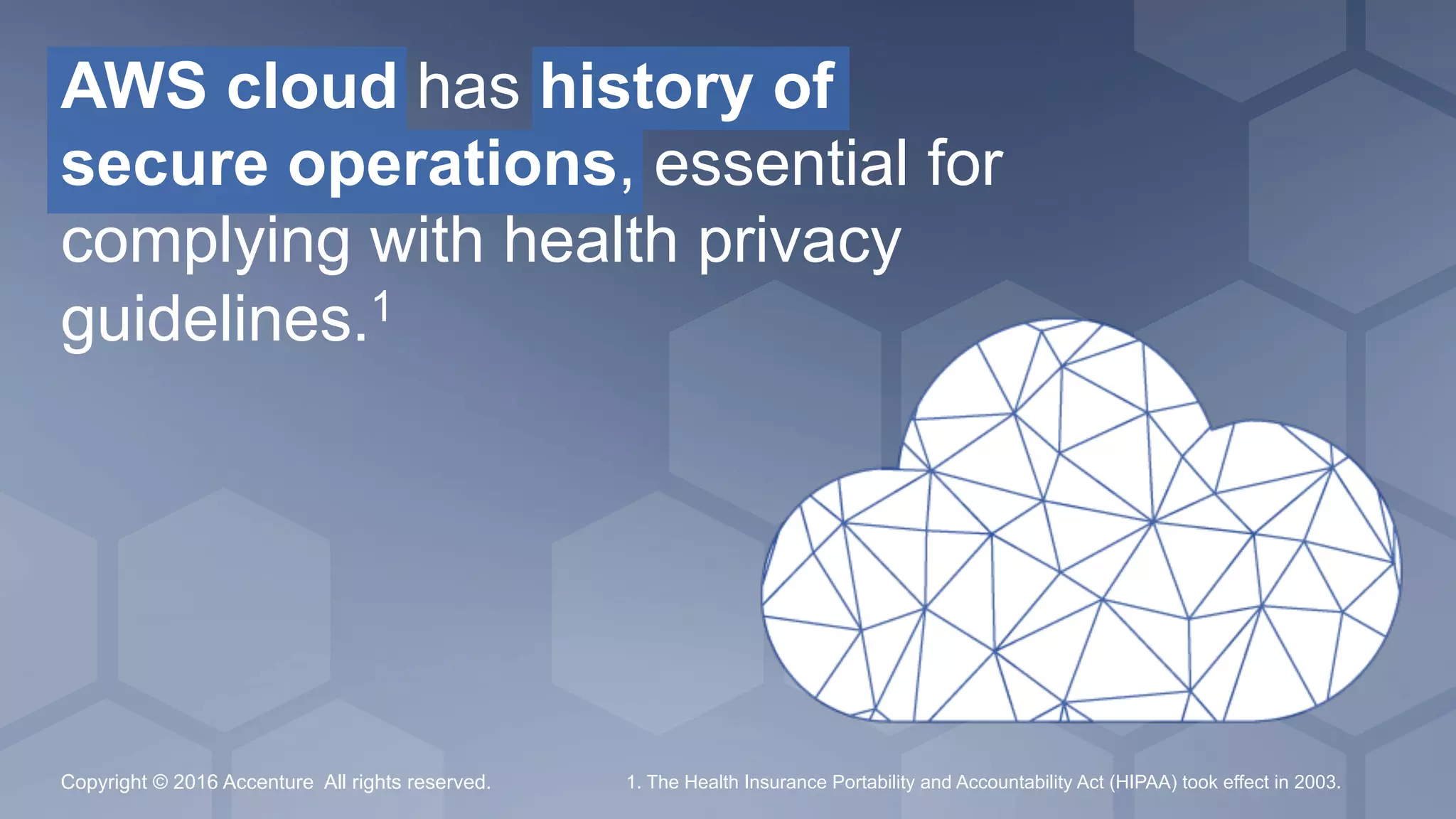 Copyright © 2016 Accenture All rights reserved. 1. The Health Insurance Portability and Accountability Act (HIPAA) took effect in 2003.
AWS cloud has history of
secure operations, essential for
complying with health privacy
guidelines.1
 