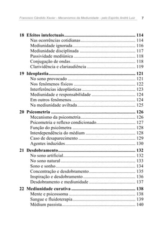 Francisco Cândido Xavier - Mecanismos da Mediunidade - pelo Espírito André Luiz          7




18 Efeitos intelectuais............................................................ 114
     Nas ocorrências cotidianas .............................................. 114
     Mediunidade ignorada..................................................... 116
     Mediunidade disciplinada ............................................... 117
     Passividade mediúnica .................................................... 118
     Conjugação de ondas....................................................... 118
     Clarividência e clariaudiência ......................................... 119
19 Ideoplastia......................................................................... 121
     No sono provocado ......................................................... 121
     Nos fenômenos físicos .................................................... 122
     Interferências ideoplásticas ............................................. 123
     Mediunidade e responsabilidade ..................................... 124
     Em outros fenômenos...................................................... 124
     Na mediunidade aviltada ................................................. 125
20 Psicometria ....................................................................... 126
     Mecanismo da psicometria.............................................. 126
     Psicometria e reflexo condicionado................................. 127
     Função do psicômetra ..................................................... 128
     Interdependência do médium .......................................... 128
     Caso de desaparecimento ................................................ 129
     Agentes induzidos ........................................................... 130
21 Desdobramento................................................................. 132
     No sono artificial............................................................. 132
     No sono natural ............................................................... 133
     Sono e sonho ................................................................... 134
     Concentração e desdobramento ....................................... 135
     Inspiração e desdobramento ............................................ 136
     Desdobramento e mediunidade ....................................... 137
22 Mediunidade curativa ...................................................... 138
     Mente e psicossoma ........................................................ 138
     Sangue e fluidoterapia..................................................... 139
     Médium passista.............................................................. 140
 