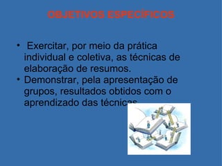 OBJETIVOS ESPECÍFICOS   Exercitar, por meio da prática individual e coletiva, as técnicas de elaboração de resumos. Demonstrar, pela apresentação de grupos, resultados obtidos com o aprendizado das técnicas. 