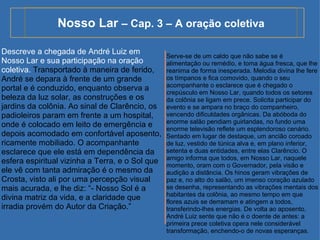 Nosso Lar  – Cap. 3 – A oração coletiva Serve-se de um caldo que não sabe se é alimentação ou remédio, e toma água fresca, que lhe reanima de forma inesperada. Melodia divina lhe fere os tímpanos e fica comovido, quando o seu acompanhante o esclarece que é chegado o crepúsculo em Nosso Lar, quando todos os setores da colônia se ligam em prece. Solicita participar do evento e se ampara no braço do companheiro, vencendo dificuldades orgânicas. Da abóboda do enorme salão pendiam guirlandas, no fundo uma enorme televisão reflete um esplendoroso cenário. Sentado em lugar de destaque, um ancião coroado de luz, vestido de túnica alva e, em plano inferior, setenta e duas entidades, entre elas Clarêncio. O amigo informa que todos, em Nosso Lar, naquele momento, oram com o Governador, pela visão e audição a distância. Os hinos geram vibrações de paz e, no alto do salão, um imenso coração azulado se desenha, representando as vibrações mentais dos habitantes da colônia, ao mesmo tempo em que flores azuis se derramam e atingem a todos, transferindo-lhes energias. De volta ao aposento, André Luiz sente que não é o doente de antes: a primeira prece coletiva opera nele considerável transformação, enchendo-o de novas esperanças. Descreve a chegada de André Luiz em Nosso Lar e sua participação na oração coletiva.  Transportado à maneira de ferido, André se depara à frente de um grande portal e é conduzido, enquanto observa a beleza da luz solar, as construções e os jardins da colônia. Ao sinal de Clarêncio, os padioleiros param em frente a um hospital, onde é colocado em leito de emergência e depois acomodado em confortável aposento, ricamente mobiliado. O acompanhante esclarece que ele está em dependência da esfera espiritual vizinha a Terra, e o Sol que ele vê com tanta admiração é o mesmo da Crosta, visto ali por uma percepção visual mais acurada, e lhe diz: “- Nosso Sol é a divina matriz da vida, e a claridade que irradia provém do Autor da Criação.” 