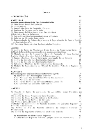 ÍNDICE

APRESENTAÇÃO                                                              06

CAPÍTUL0 I                                                         07
Providências para Fundação d e Uma Instituição Espírita            07
1) Data,Hora e Local da Fundação                                   07
2) Livros deAtas                                                   07
3) Assembléia Geral de Fundação (Criação)                         08
4) Registro de Estatuto no Cartório                                09
5) Dispensa da Publicação dos Atos Constitutivos                   09
6)Requisitos Legais doEstatuto                                     09
7) Outros Requisitos Indispensáveis para o Estatuto                10
8) Reforma ou Alteração Estatutária                                10
9) Recomendação de Ordem Geral quanto à Denominação do Centro Espírita
   ou Instituições Afins                                           10
10) Estrutura Administrativa das Instituições Espíritas            11

ANEXOS                                                                     11
1) Modelo do Termo de Abertura do Livro de Atas de Assembléias Gerais 11
2) Modelo do Termo de Encerramento do Livro de Atas de Assembléias Gerais 12
3) Modelo de Ata de Assembléia Geral de Fundação de Uma Instituição
Espírita (Centro Espírita, Entidade Filantrópica, etc.)                   13
4) Recomendações de Ordem Geral para a confecção de um Estatuto           13
5) Modelo de Estatuto para Instituições Menores                           15
6) Modelo de Estatuto para Instituições Maiores                           24
7) Relação dos Membros da Diretoria Eleita e Empossada                    37
8) Modelo de Requerimento ao Oficial do Cartório Pedindo o Registro do
Estatuto                                                                  38

CAPÍTULO II
Providências para o funcionamento de uma Instituição Espírita              39
   1) Secretaria das Instituições Espíritas                               39
   1.1) Para Atos das Assembléias Gerais dos Associados                   39
   1.2) Para Atos da Diretoria                                            39
   1.3) Termo de Posse de Diretoria (Modelo Anexo 12)                     41
   1.4) Secretaria do Conselho Deliberativo                                41

ANEXOS                                                                    41

9) Modelo de Edital de convocação de Assembléia Gerai Ordinária          dos
  Associados                                                              41
10) Modelo de Ata de Assembléia Geral Ordinária                          42
11) Modelo de Ata de Reunião Ordinária de Diretoria                       43
12) Modelo de Termo de Posse da Diretoria                                 44
13) Proposta para Admissão de Associado                                  44
14)Modelo de Convocação de Reunião Ordinária do Conselho Superior        (ou
Conselho Deliberativo)                                                   45
15) Modelo de Ata de Reunião Ordinária do conselho Superior              (ou
Deliberativo)                                                             45
16) Modelo de Regimento Interno para um Centro Espírita                   46

   2) Tesouraria das Instituições Espíritas                               52
   2.1) Instituições Espíritas Menores (Adoção apenas do Livro Caixa)     52




                                                                            2
 